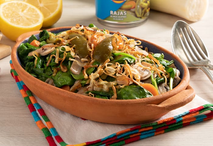 Espinacas y hongos picositos con poro frito