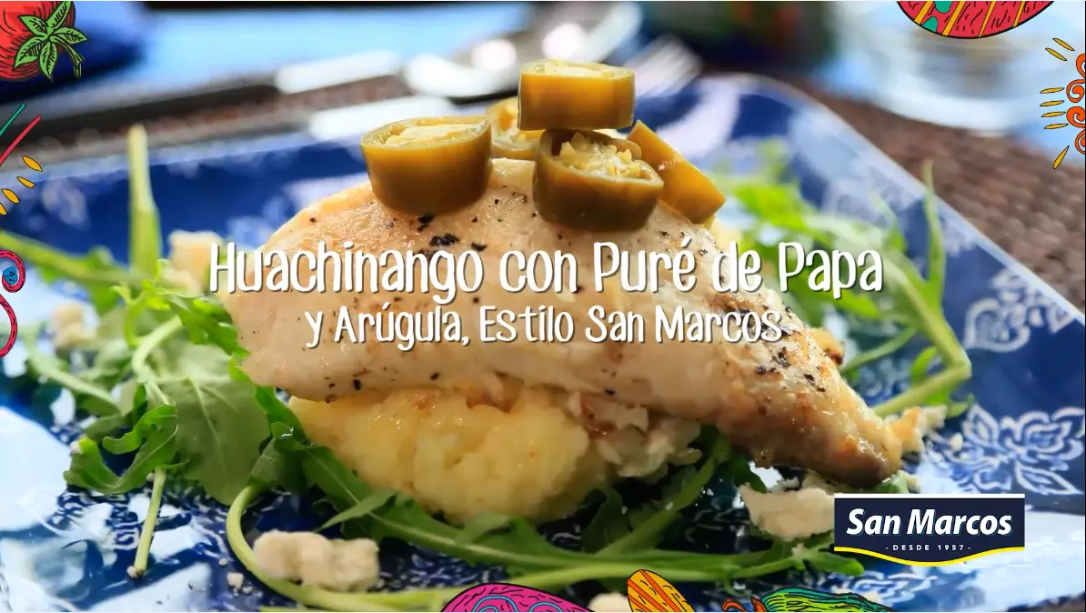 Huachinango con puré de papa y arúgula estilo San Marcos